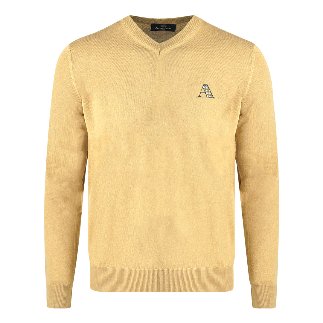 Aquascutum Check A Logo Beige V-Neck Jumper - Nova Clothing