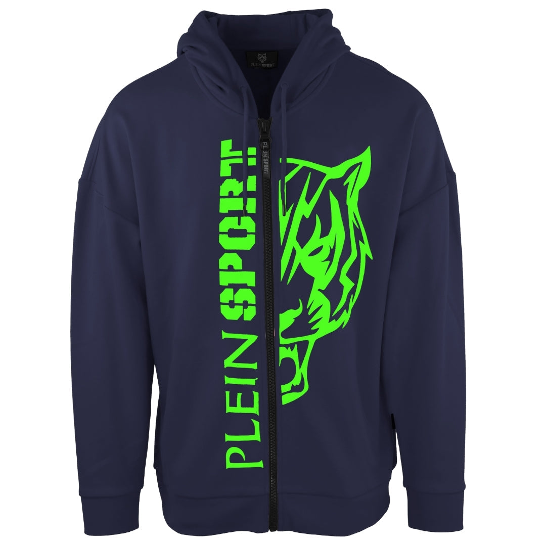 Plein Sport Large Green Logo Navy Blue Zip-Up Hoodie S